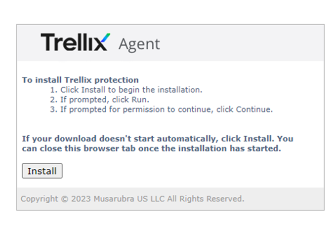 Trellix agent installation page on Windows
