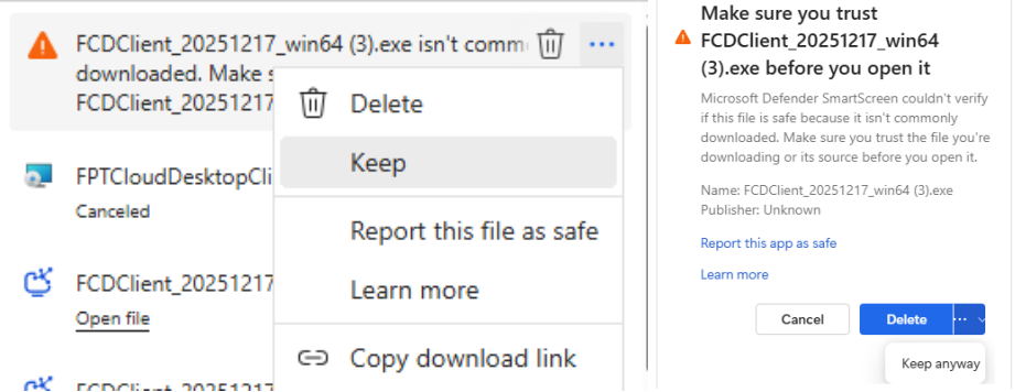 Confirm keeping the downloaded file