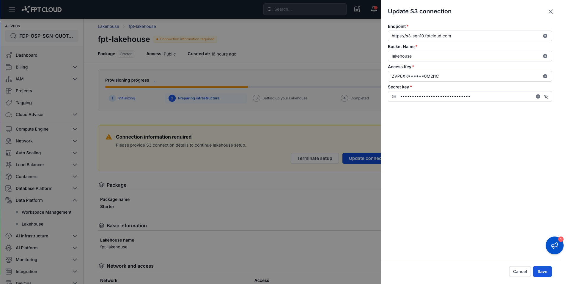 S3 connection update form