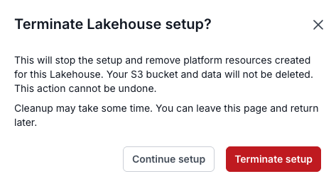 Terminate Lakehouse setup confirmation dialog