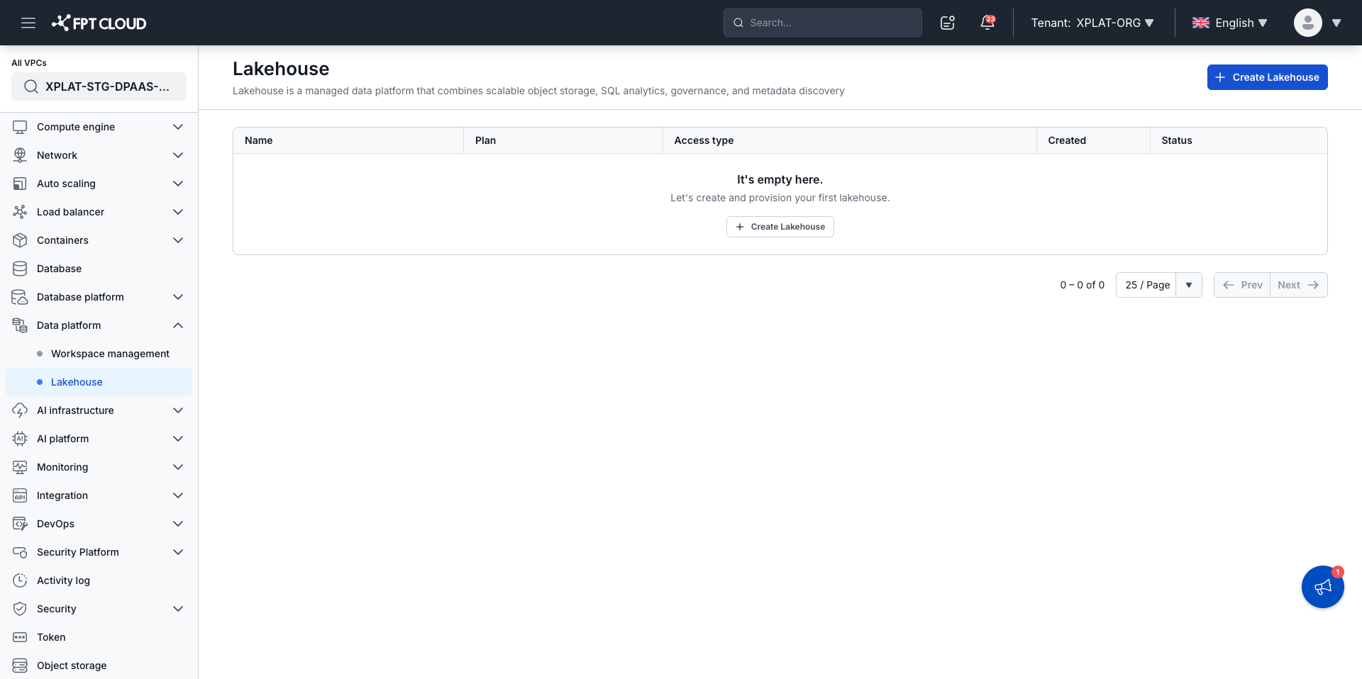 Select Lakehouse from the Data Platform menu
