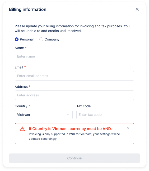 Billing information pop-up when adding credits