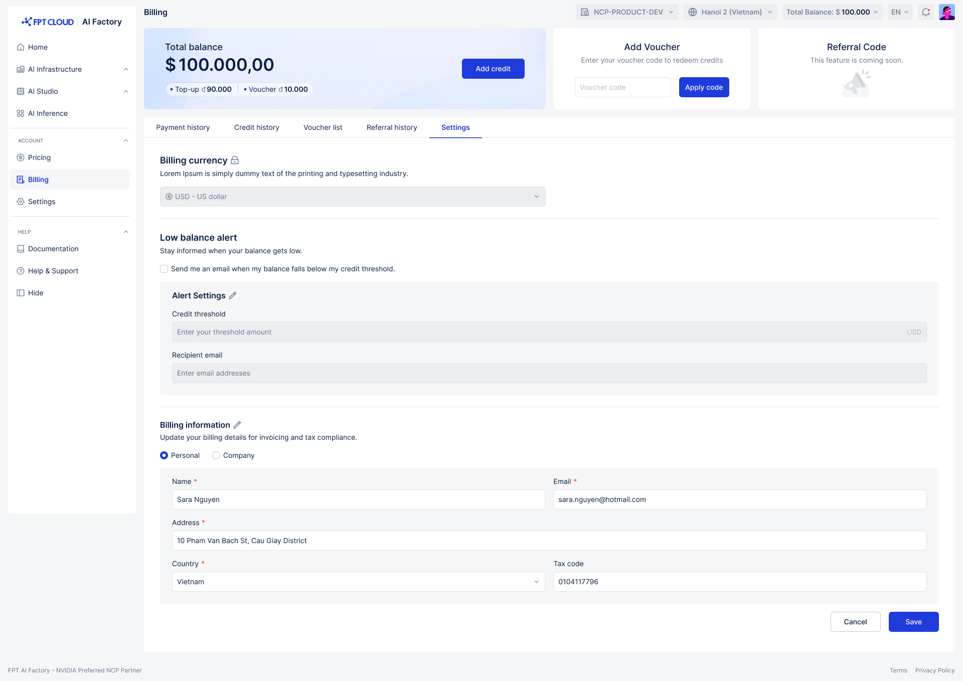 Billing settings edit screen