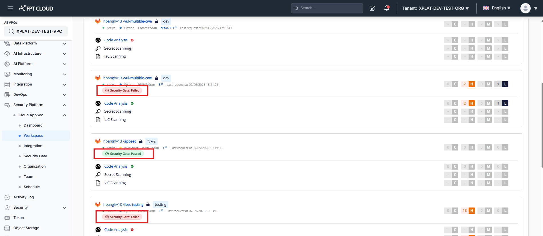 Security Gate result on Asset Management screen