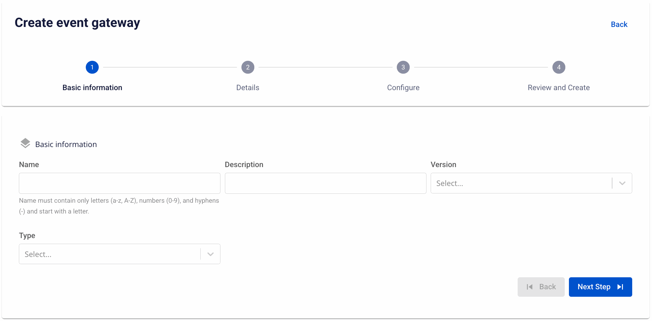 Event Gateway basic information form