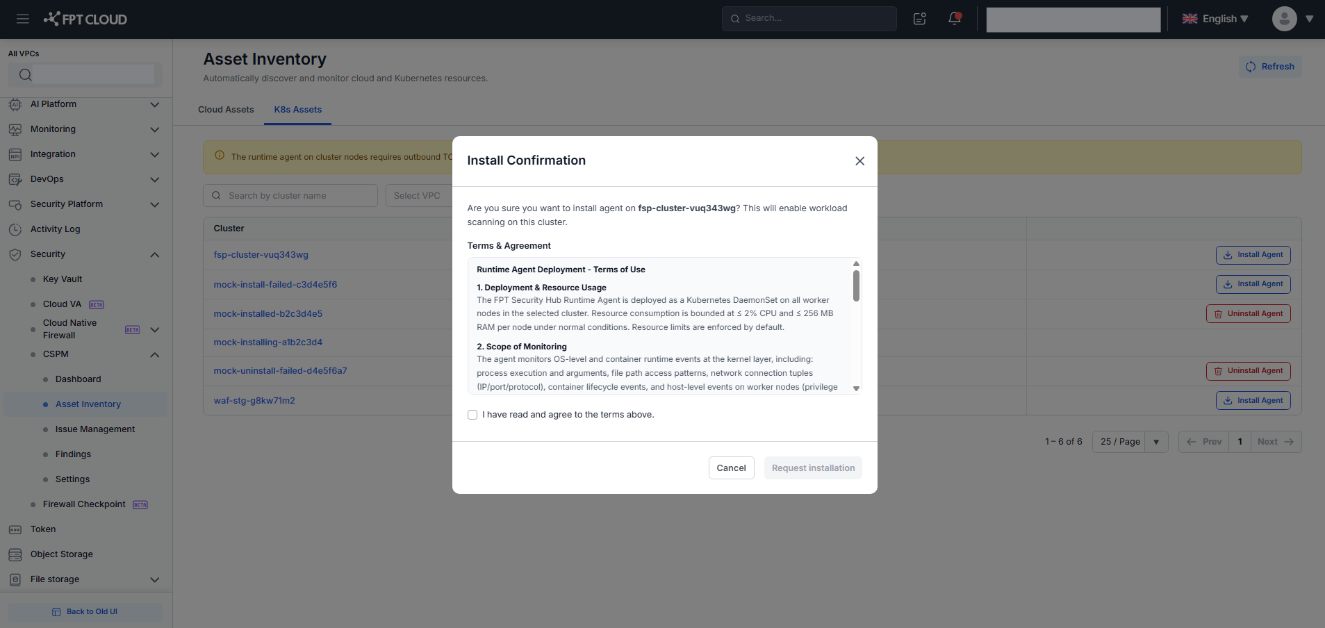Install Confirmation modal — Terms &amp; Agreement and agreement checkbox