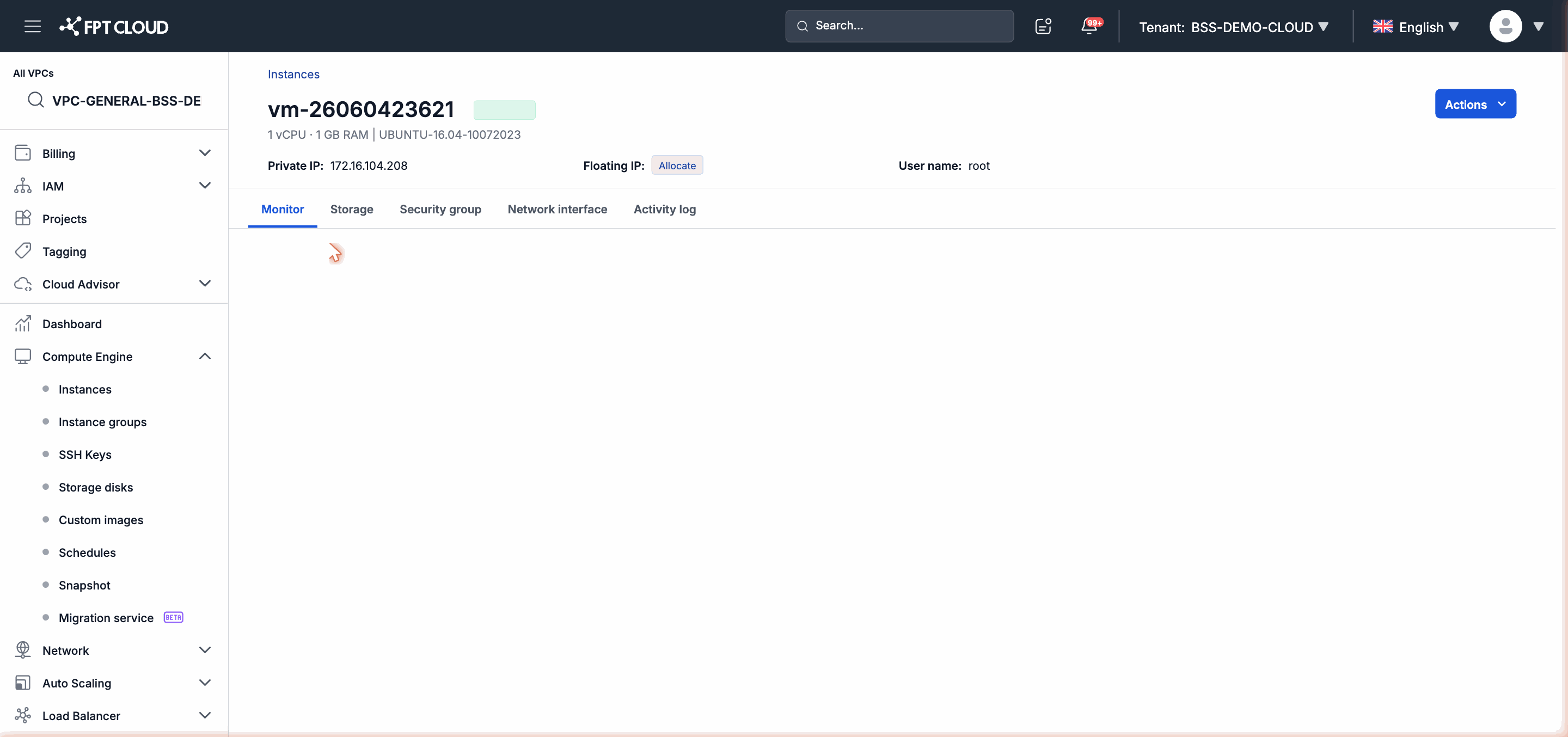 Instance detail page with Running status