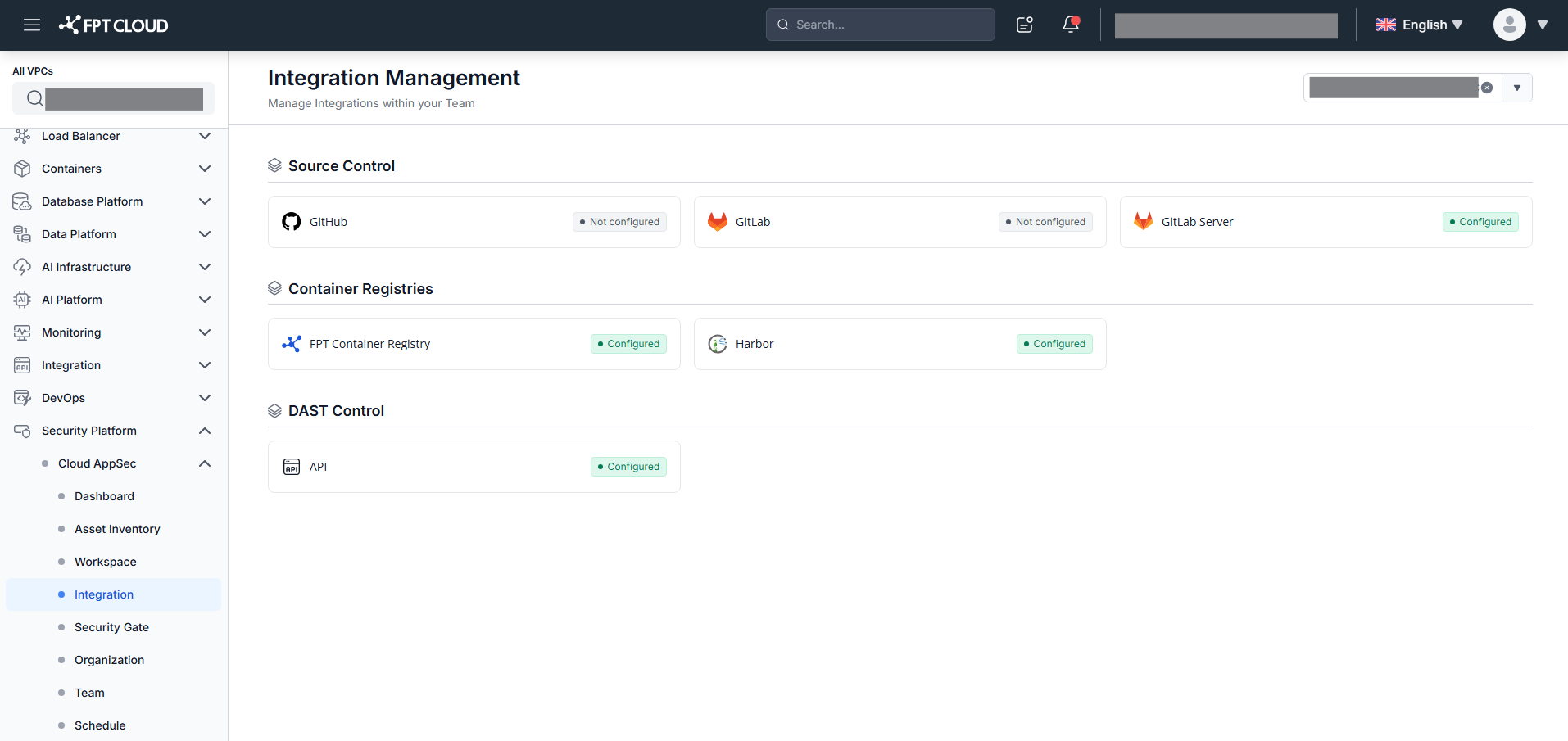 Integration Management — select org/team and integration type