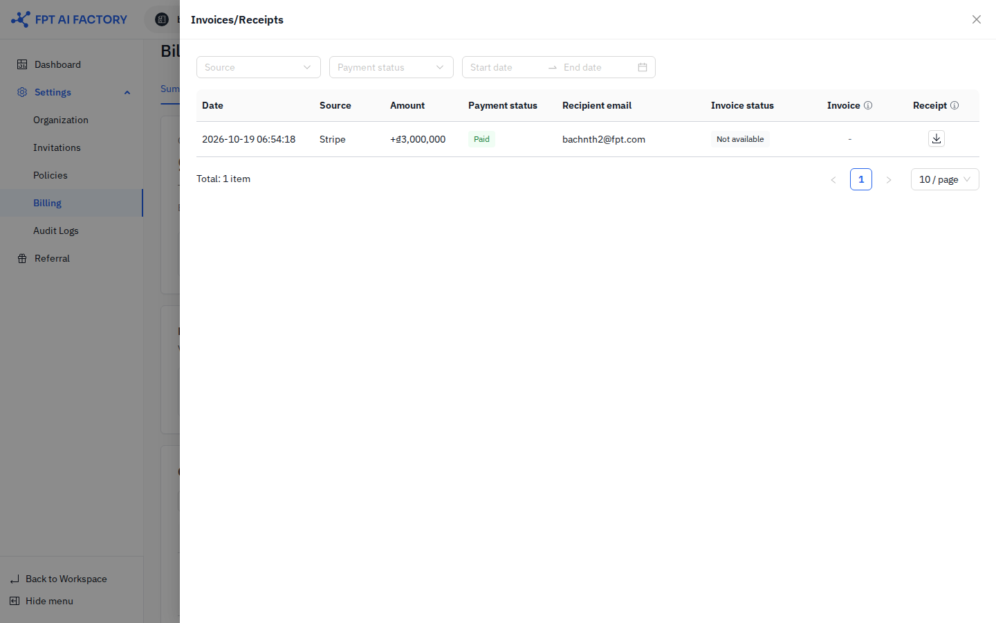 Invoices/Receipts drawer — Invoice column with download button