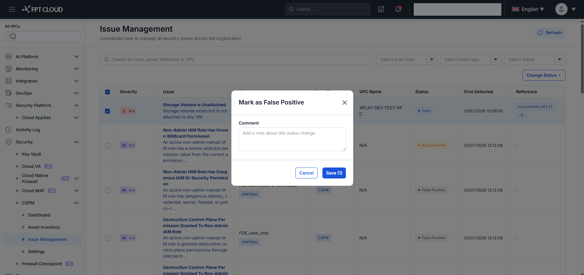 Mark as False Positive dialog with optional Comment field