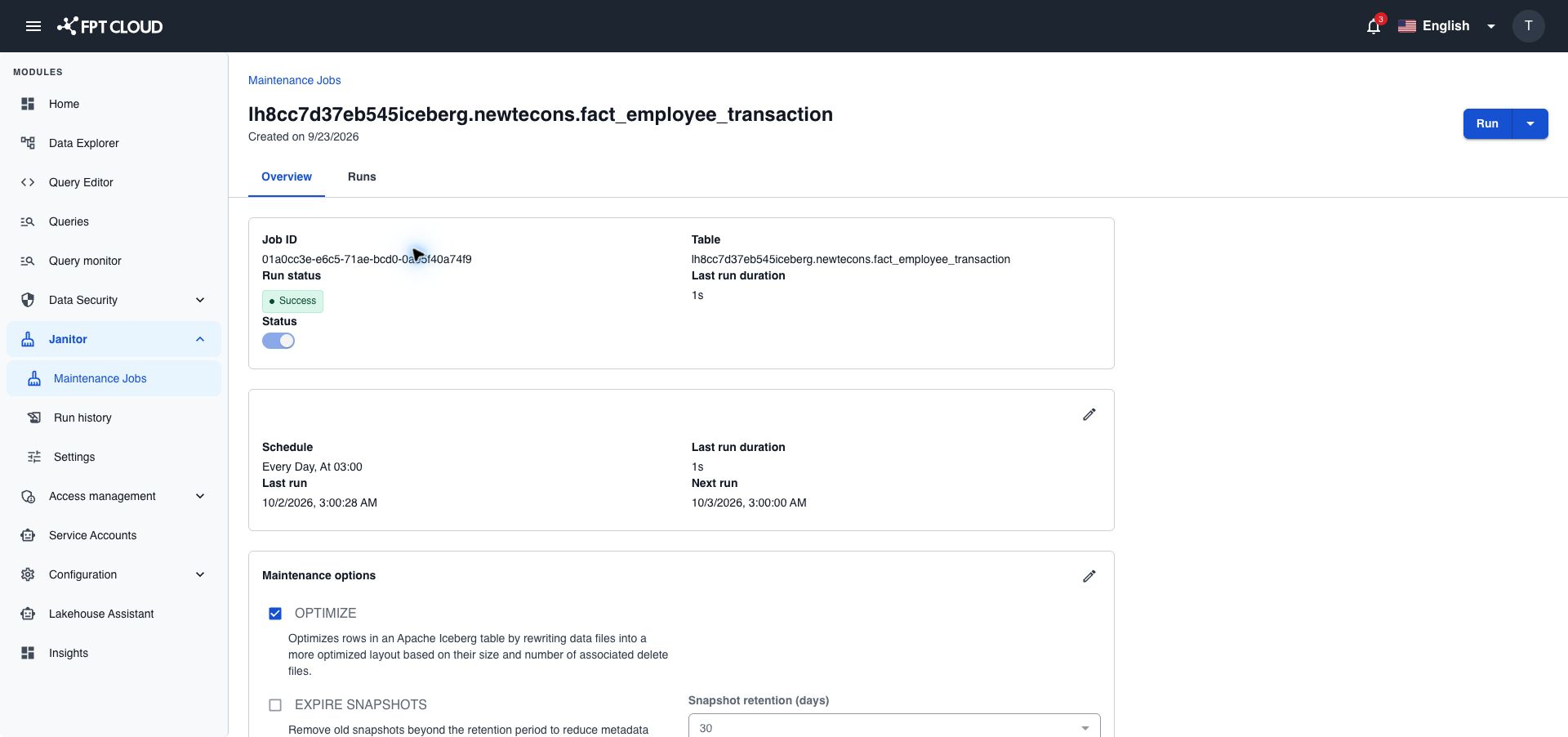 Job detail with the Run button, job information, and maintenance options
