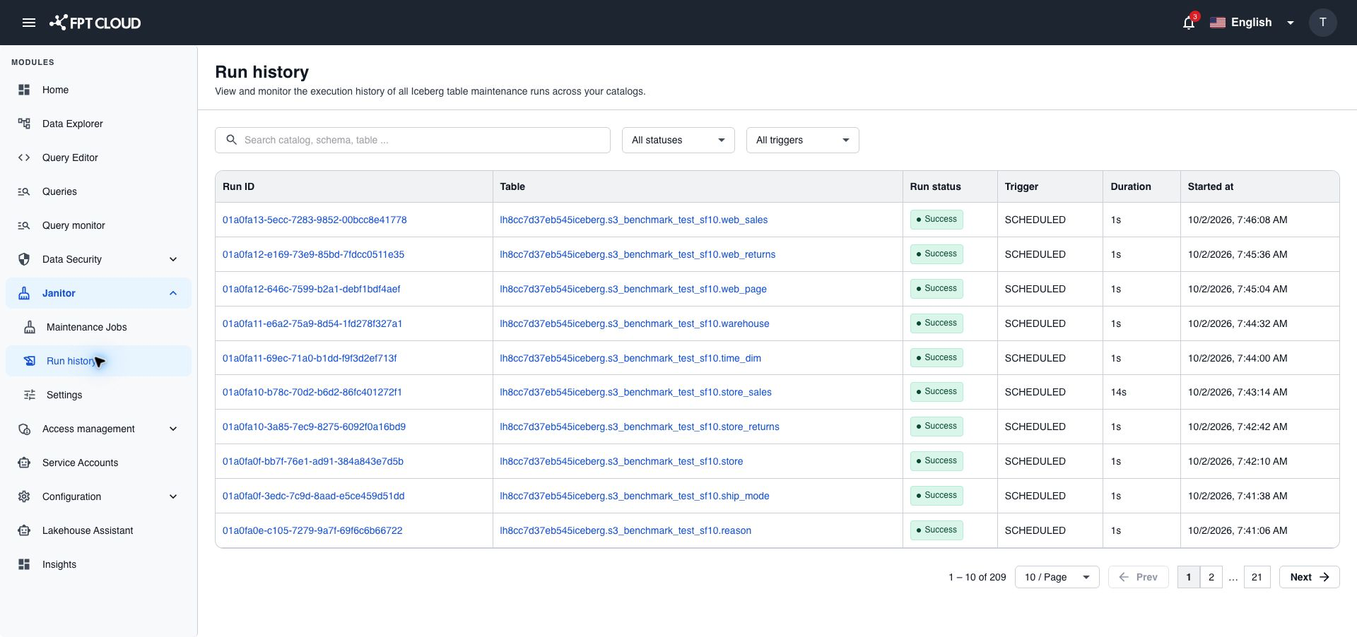 Run history list with the search box and the status and trigger filters