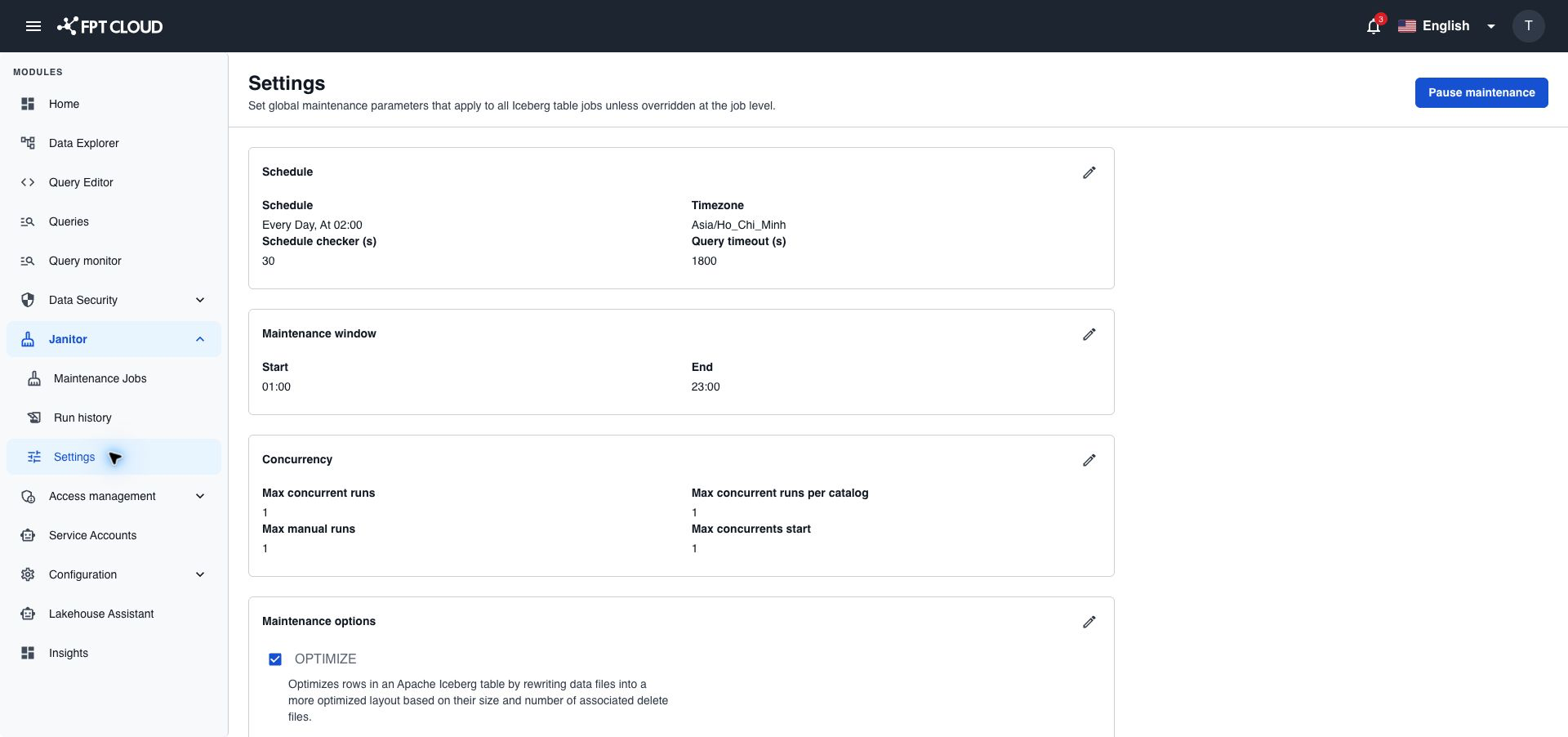 Settings page with the Schedule, Maintenance window, Concurrency, and Maintenance options cards