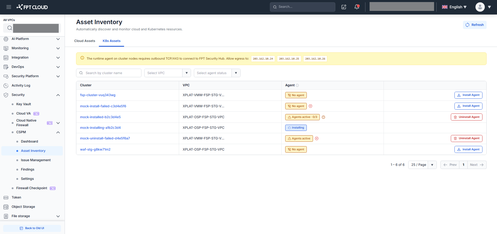 K8s Asset List — cluster table with agent status badges