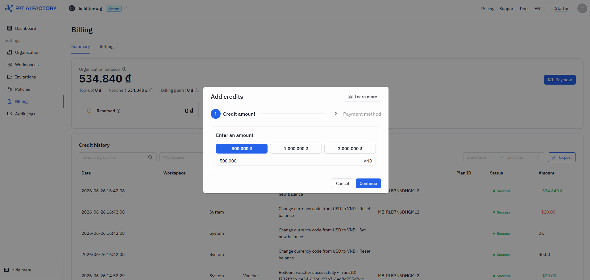 Top up payment flow