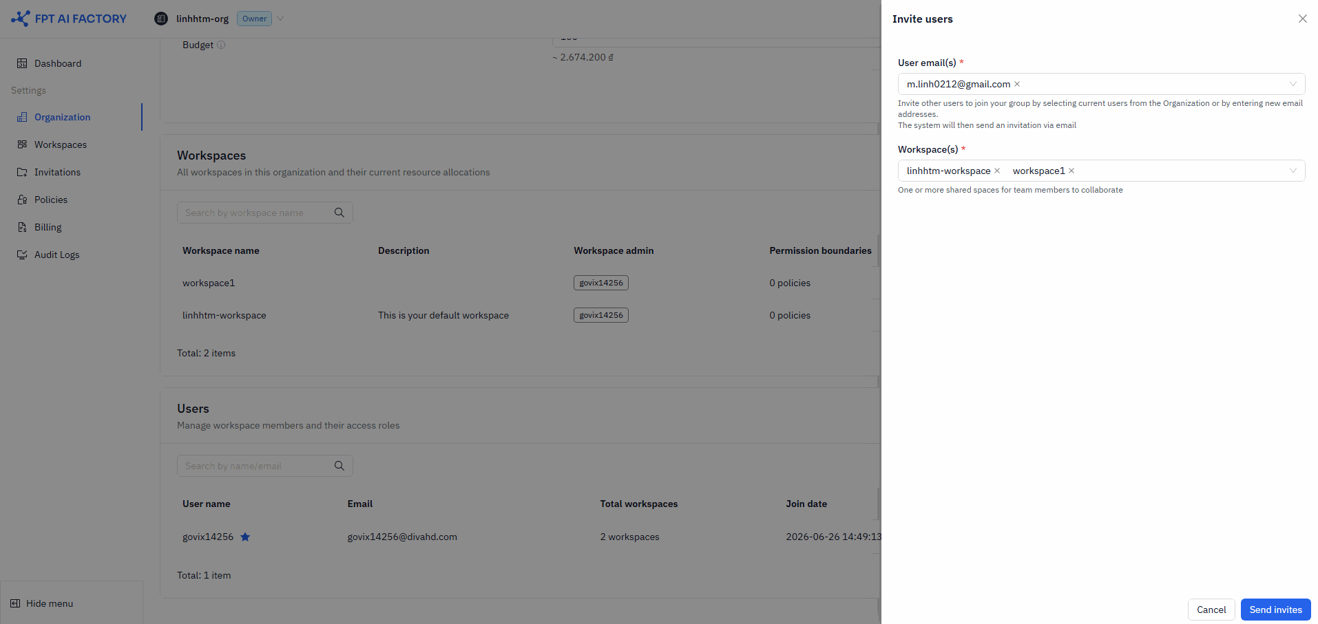 Invite user drawer