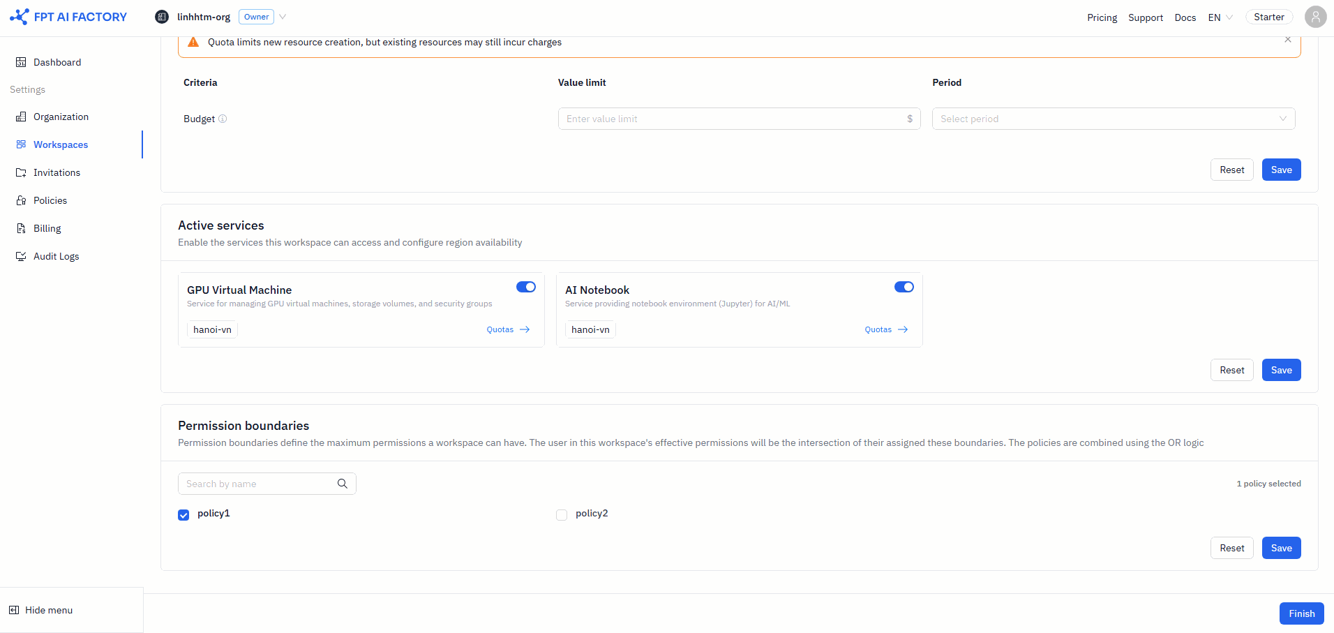 Attach policy to workspace