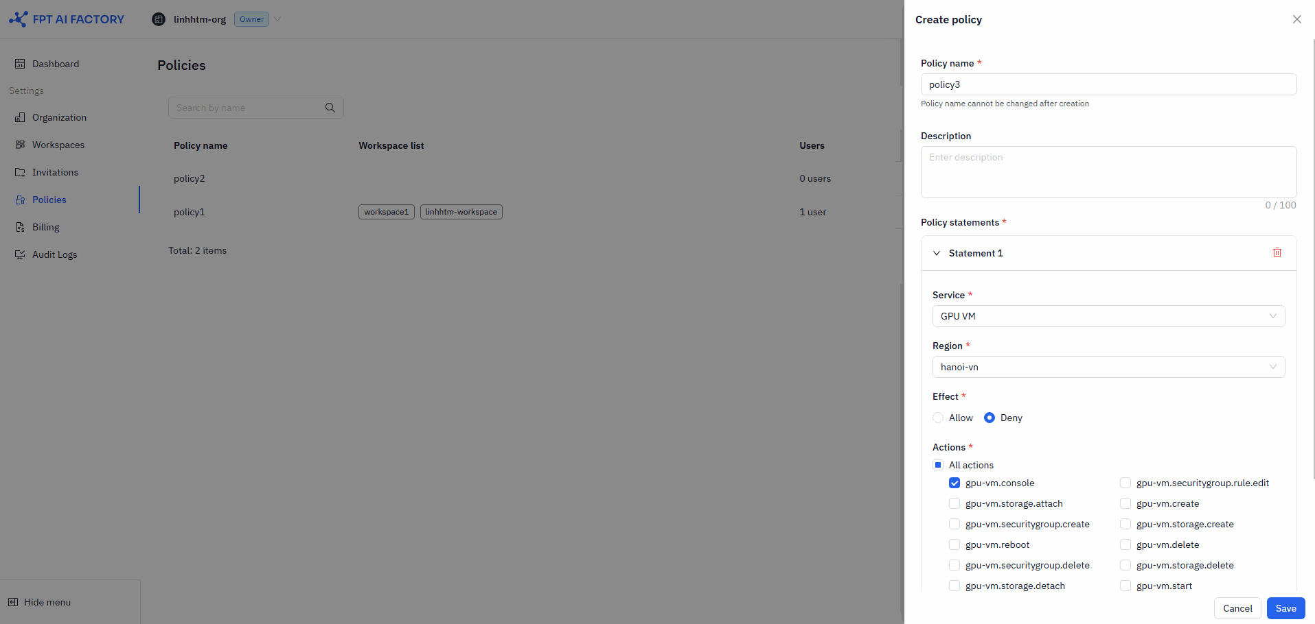 Create policy drawer