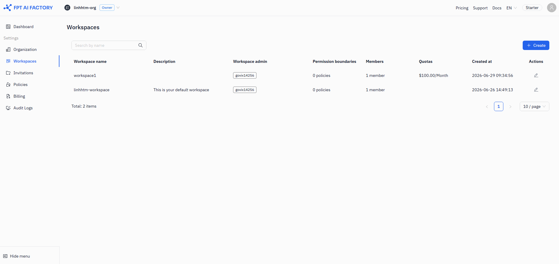 Workspaces list