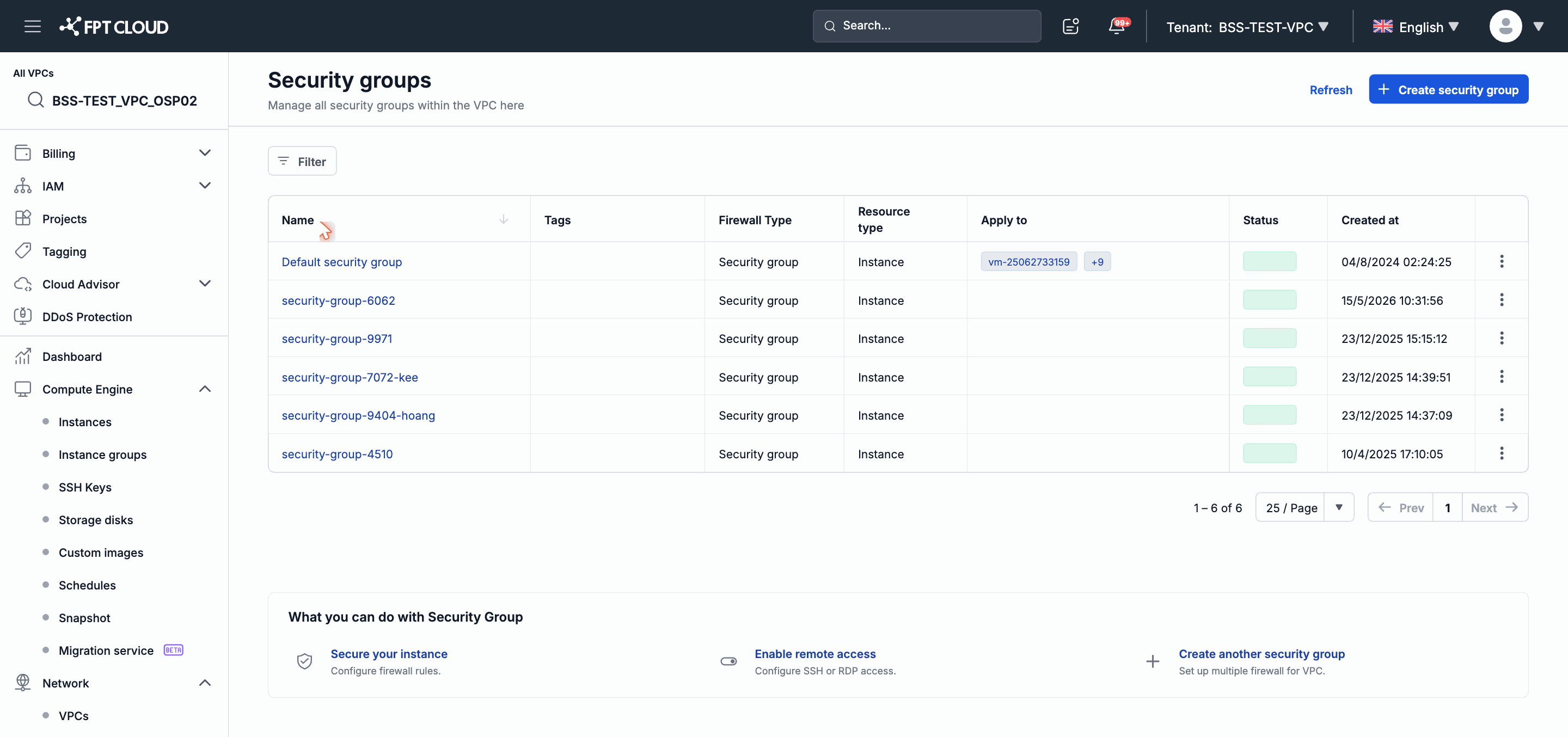 Security Groups list