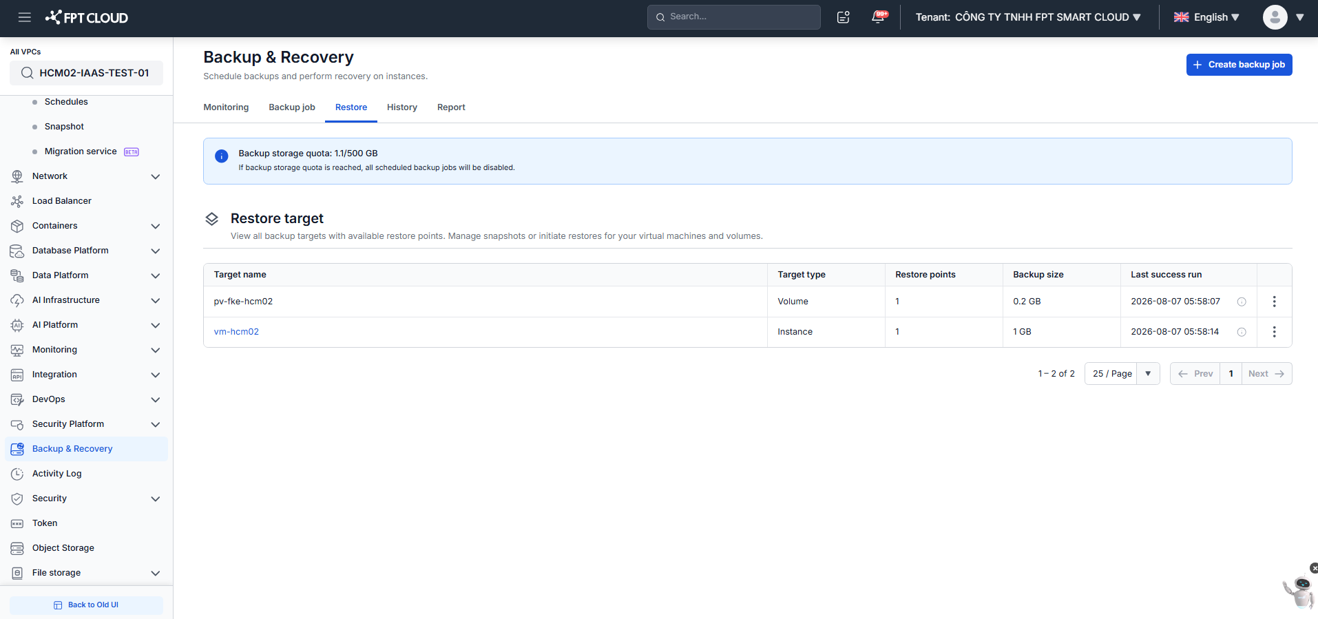 Restore tab with the list of protected targets
