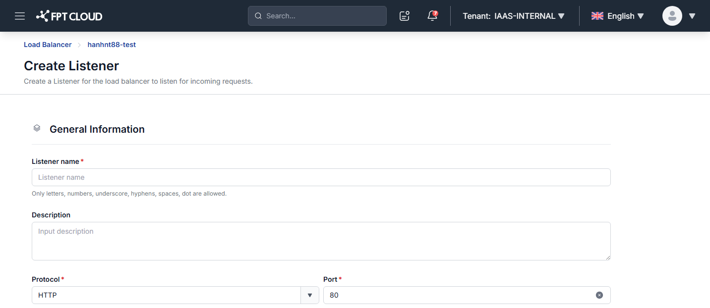 Create Listener form