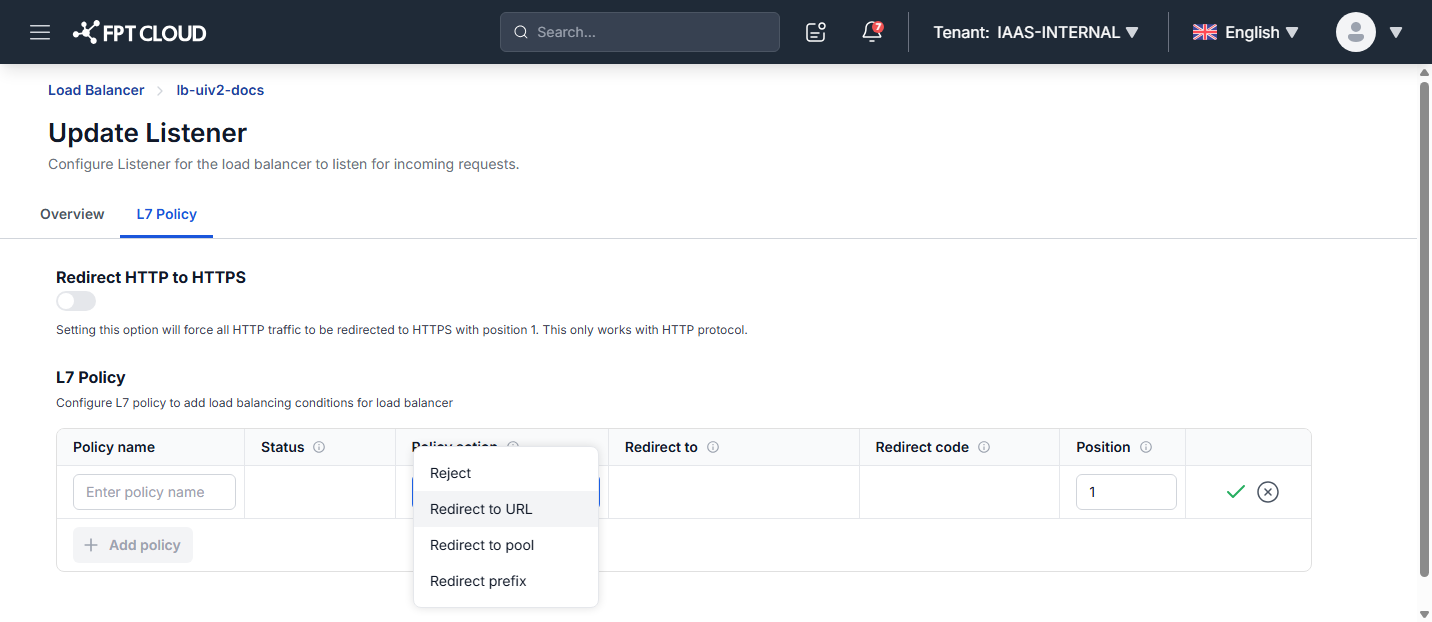 L7 Policy tab with the Policy action options