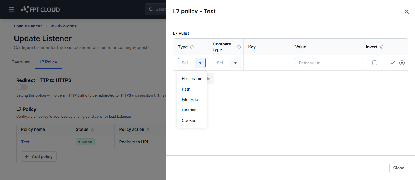 L7 Rules dialog with the Add L7 rule fields
