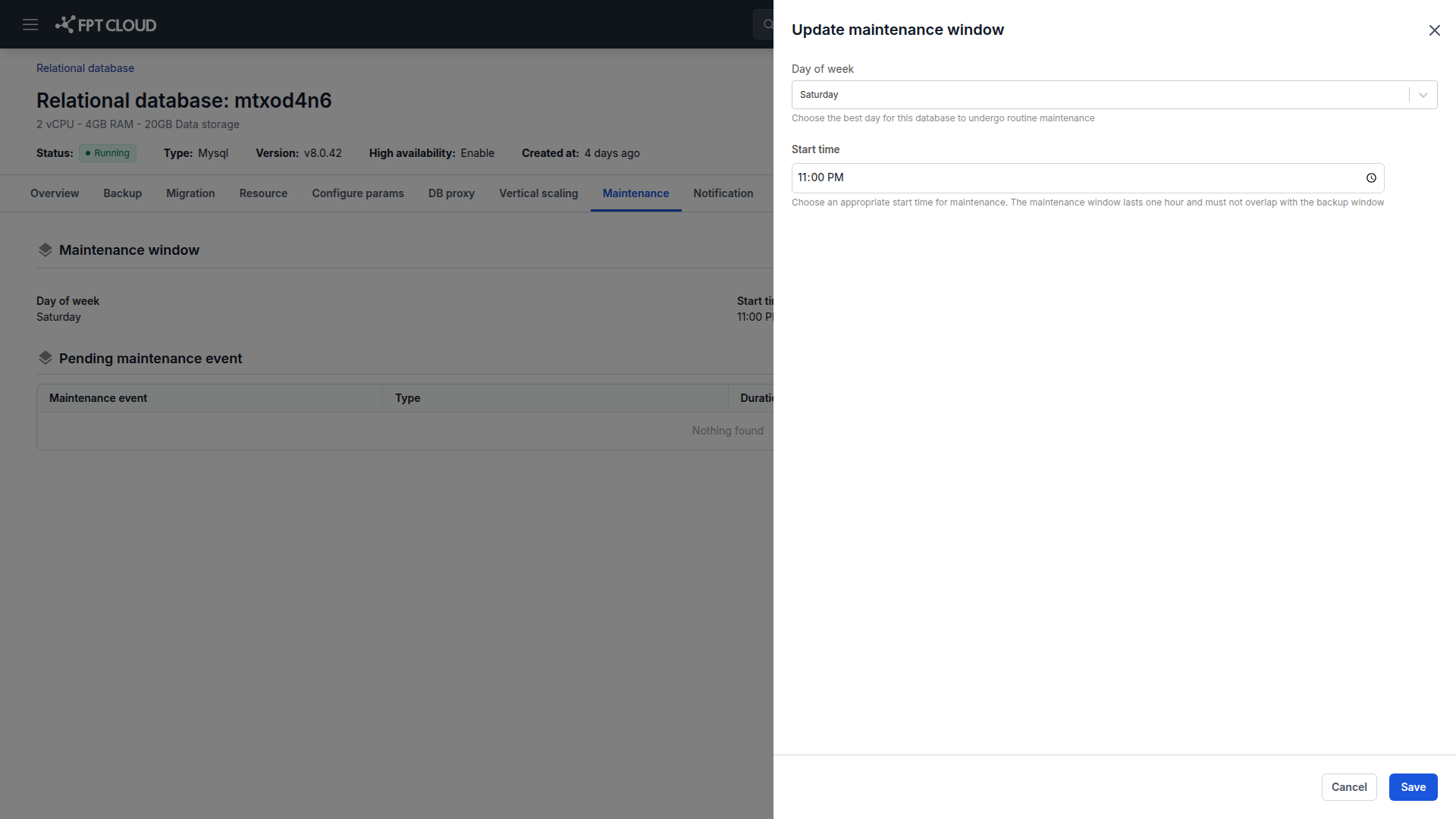 Update Maintenance Window dialog with day and start time