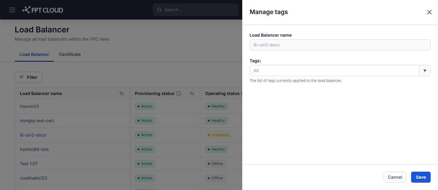 Manage tags dialog
