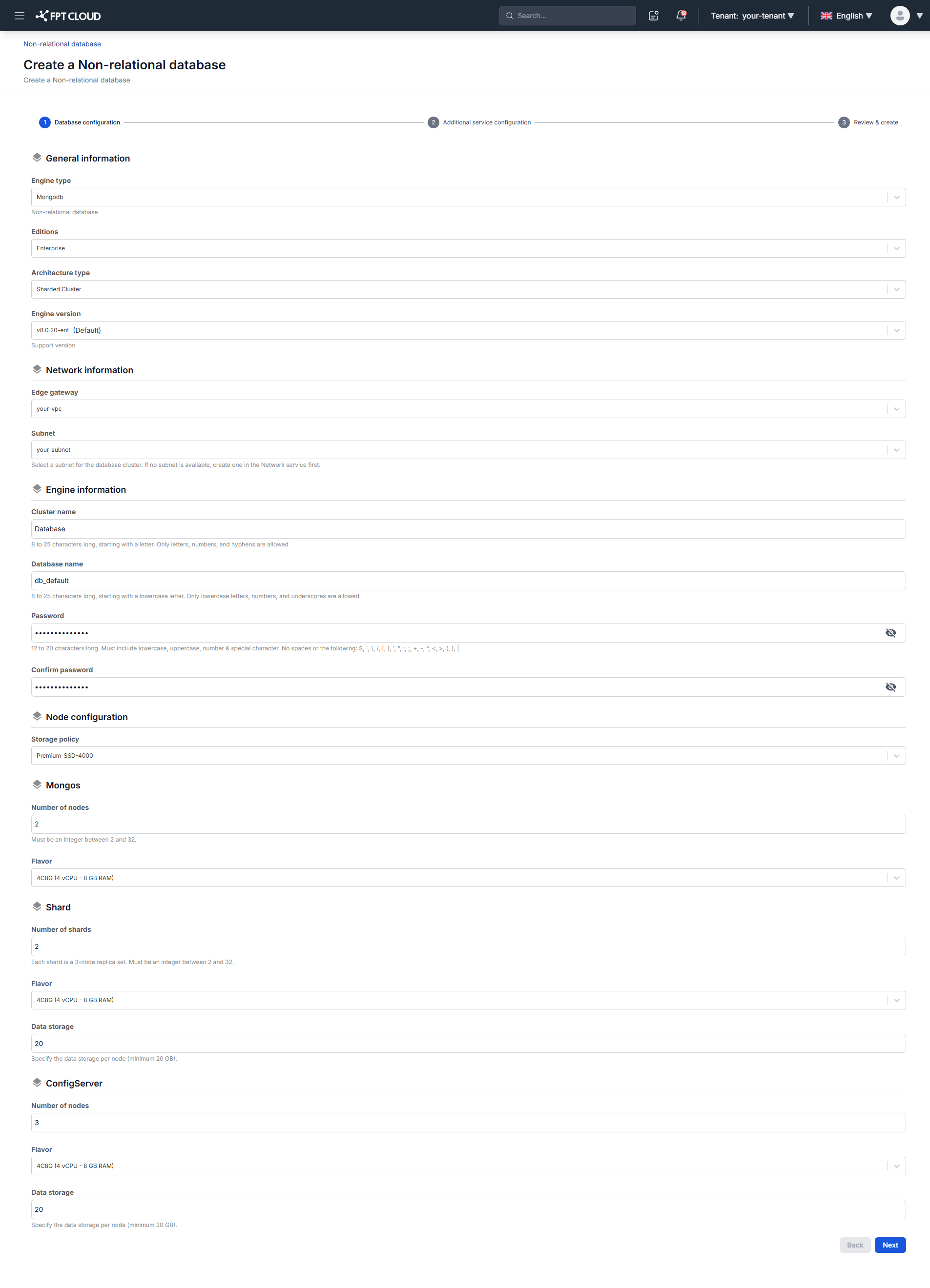 Provisioning wizard with Architecture type set to Sharded Cluster, showing the Mongos, Shard, and ConfigServer groups