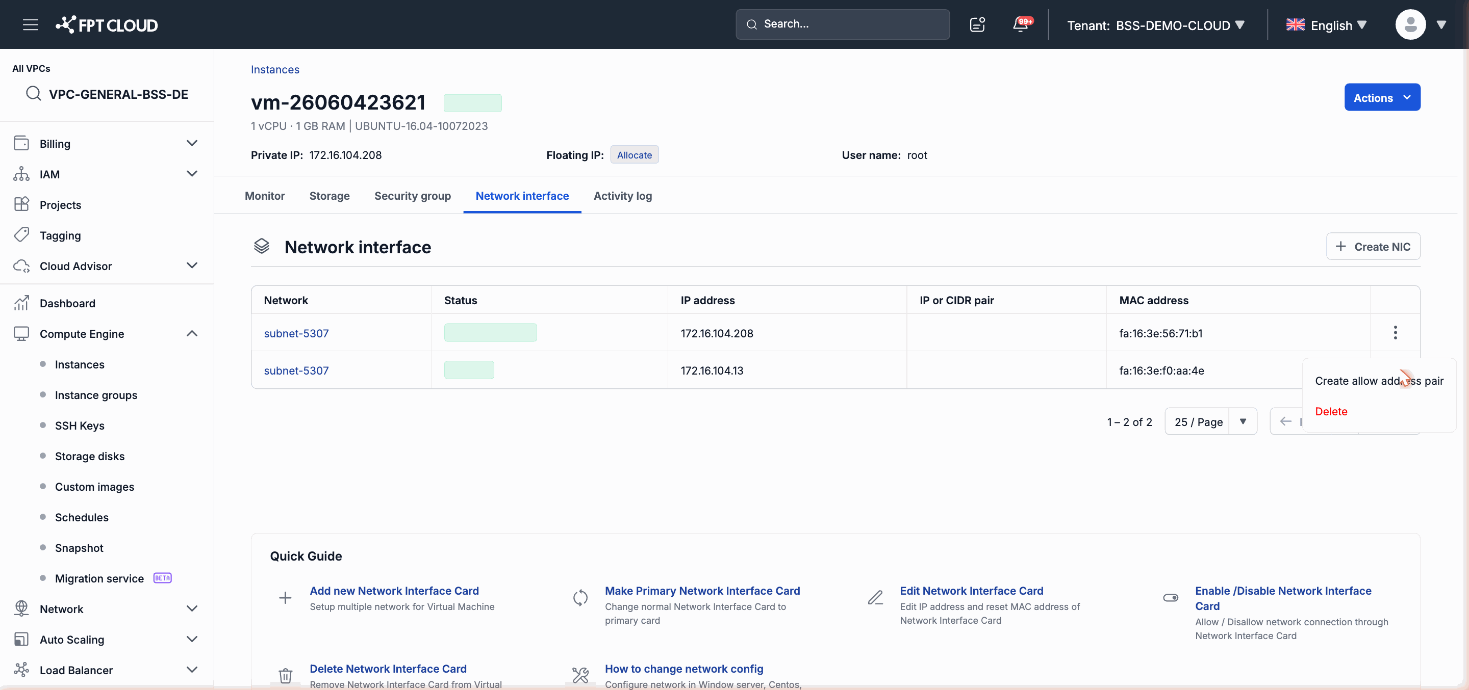 NIC action menu in General VPC
