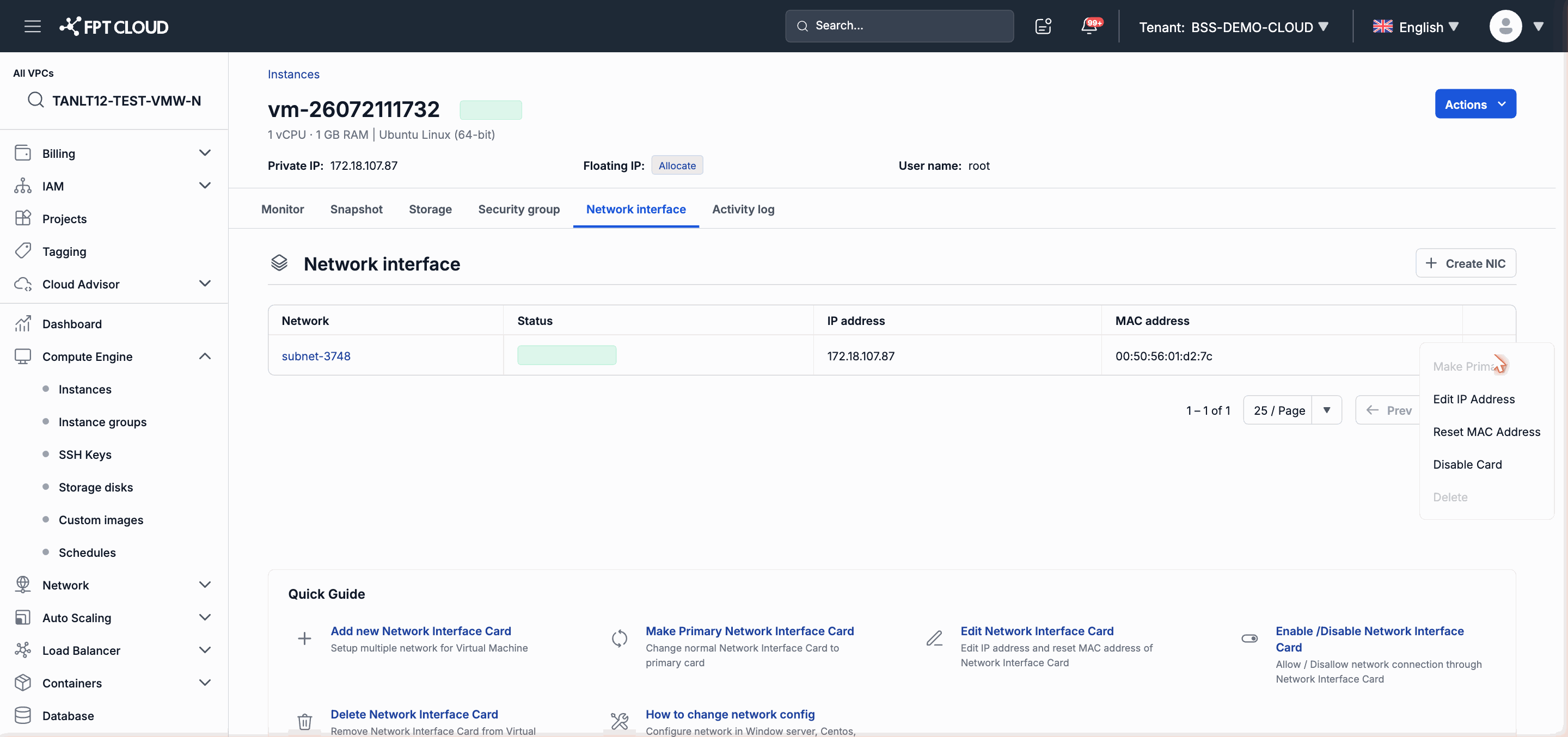 NIC action menu in Specific VPC
