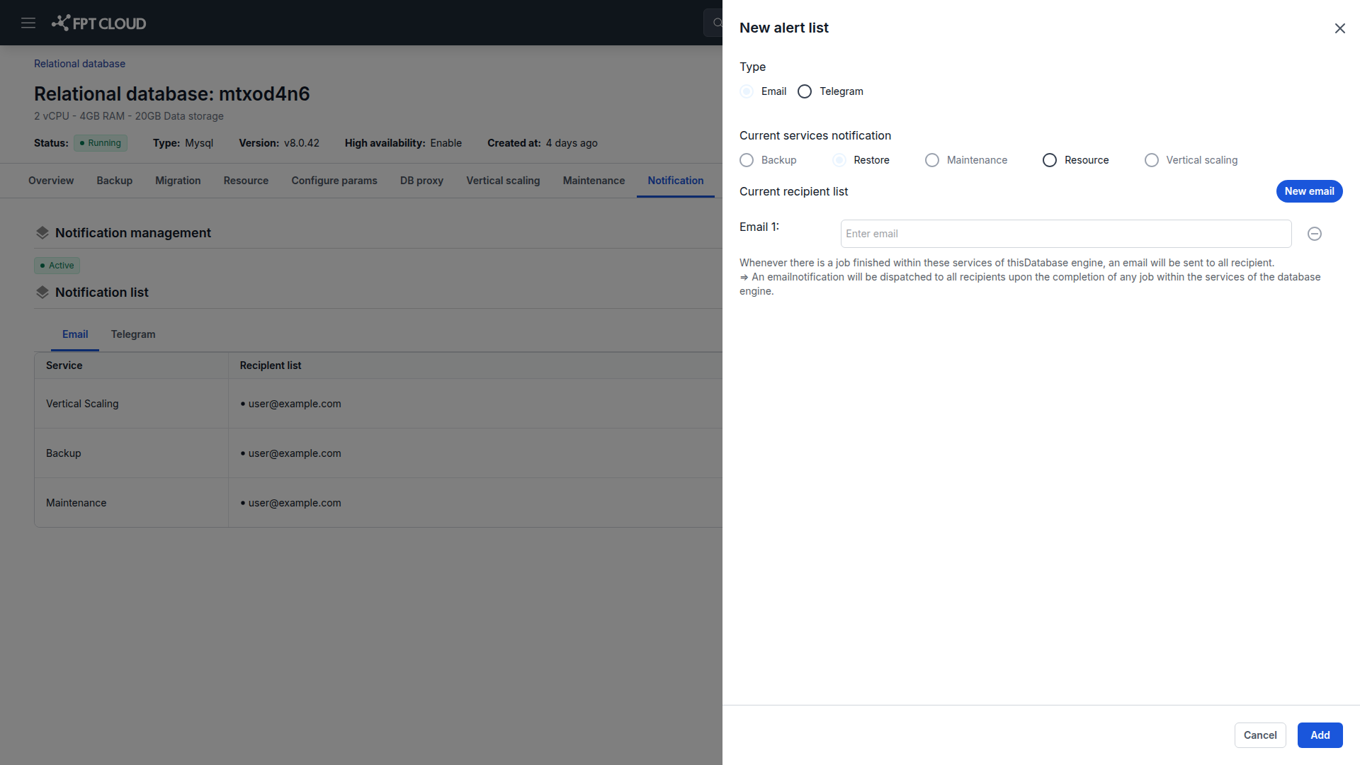 Add notification dialog with type, service, and recipient fields