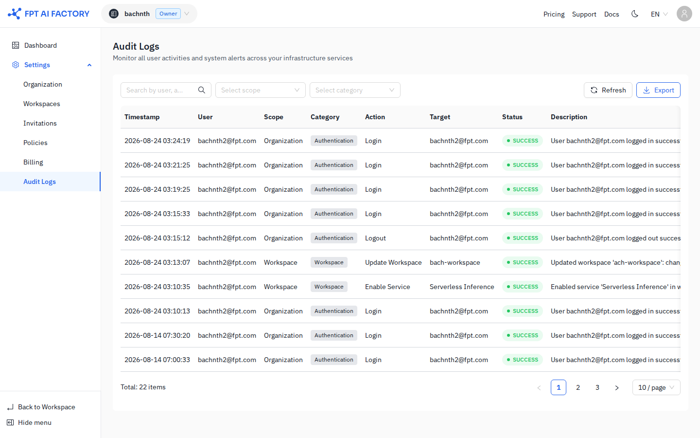 Audit Logs page