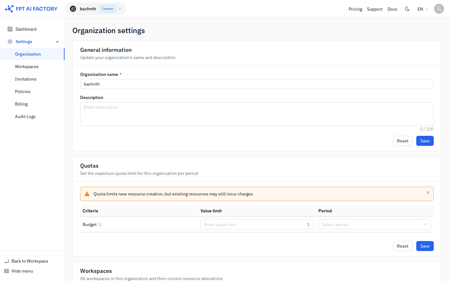 Organization settings page