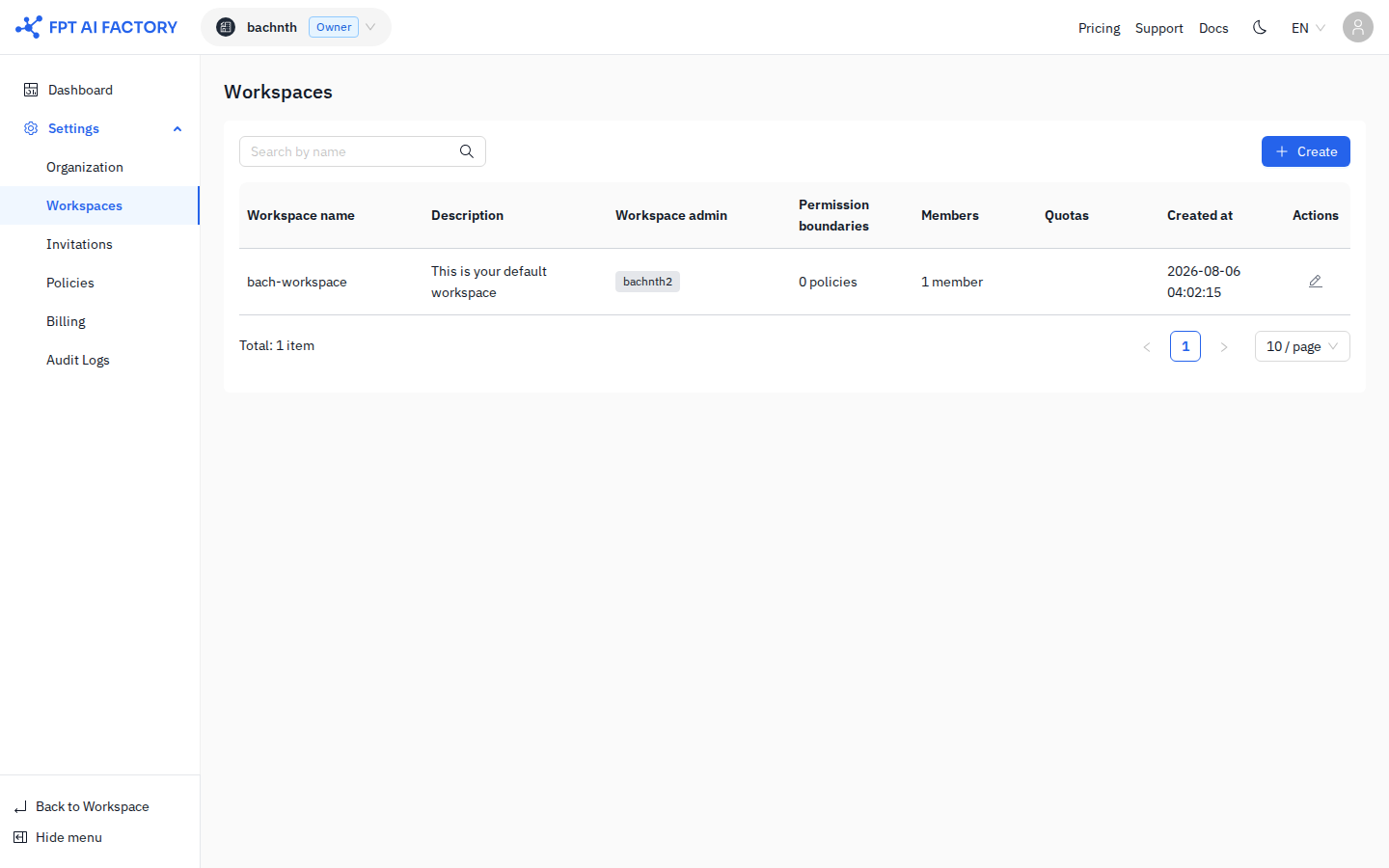Workspaces list