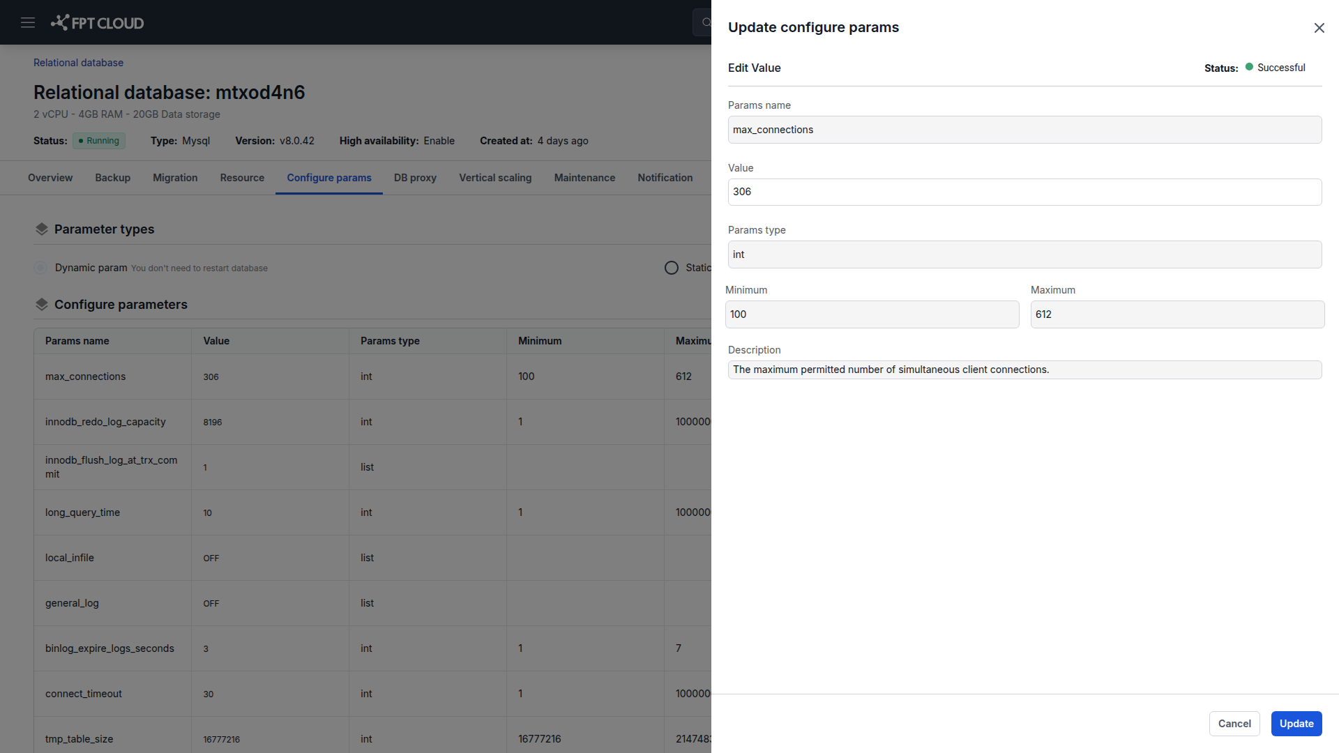 Update Configure Params dialog showing data type and allowed range