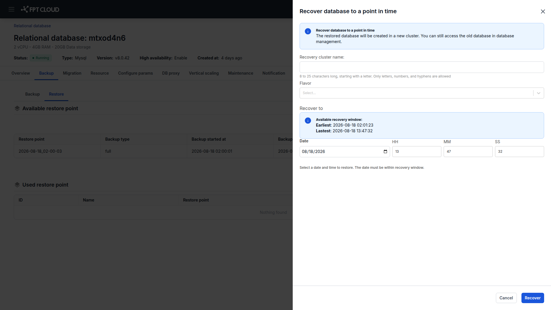Restore Database to a Point in Time dialog with a recovery timestamp field