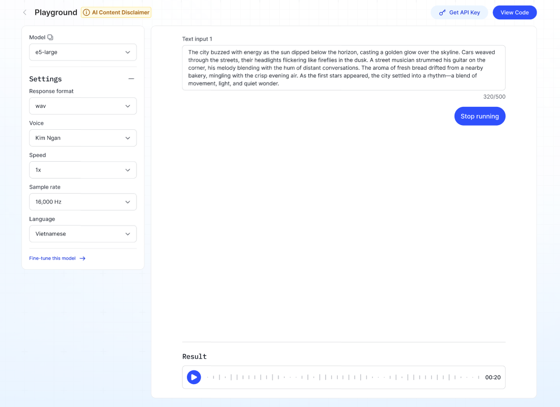 TTS playground interface with voice, speed, and language dropdowns
