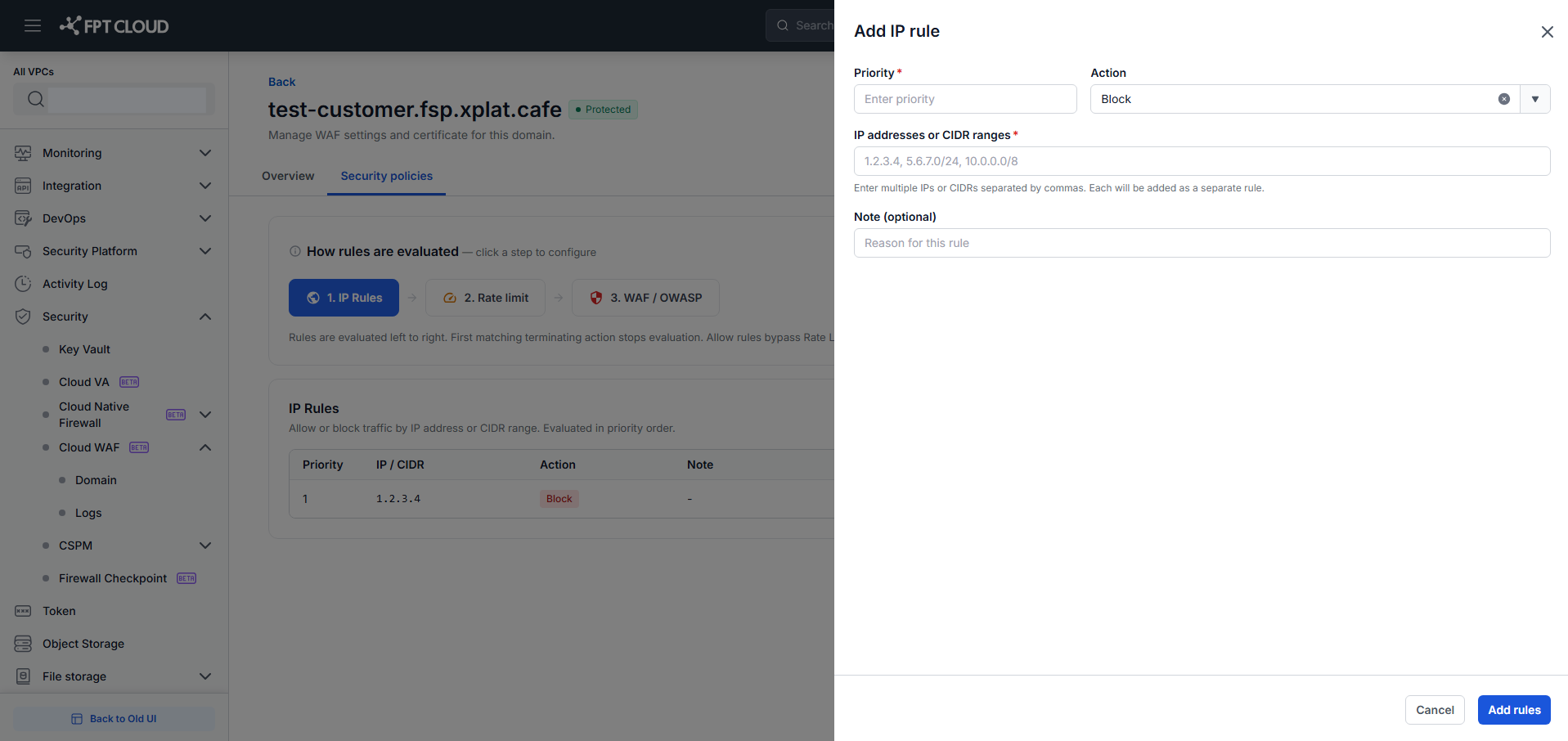 Add IP Rule — dialog