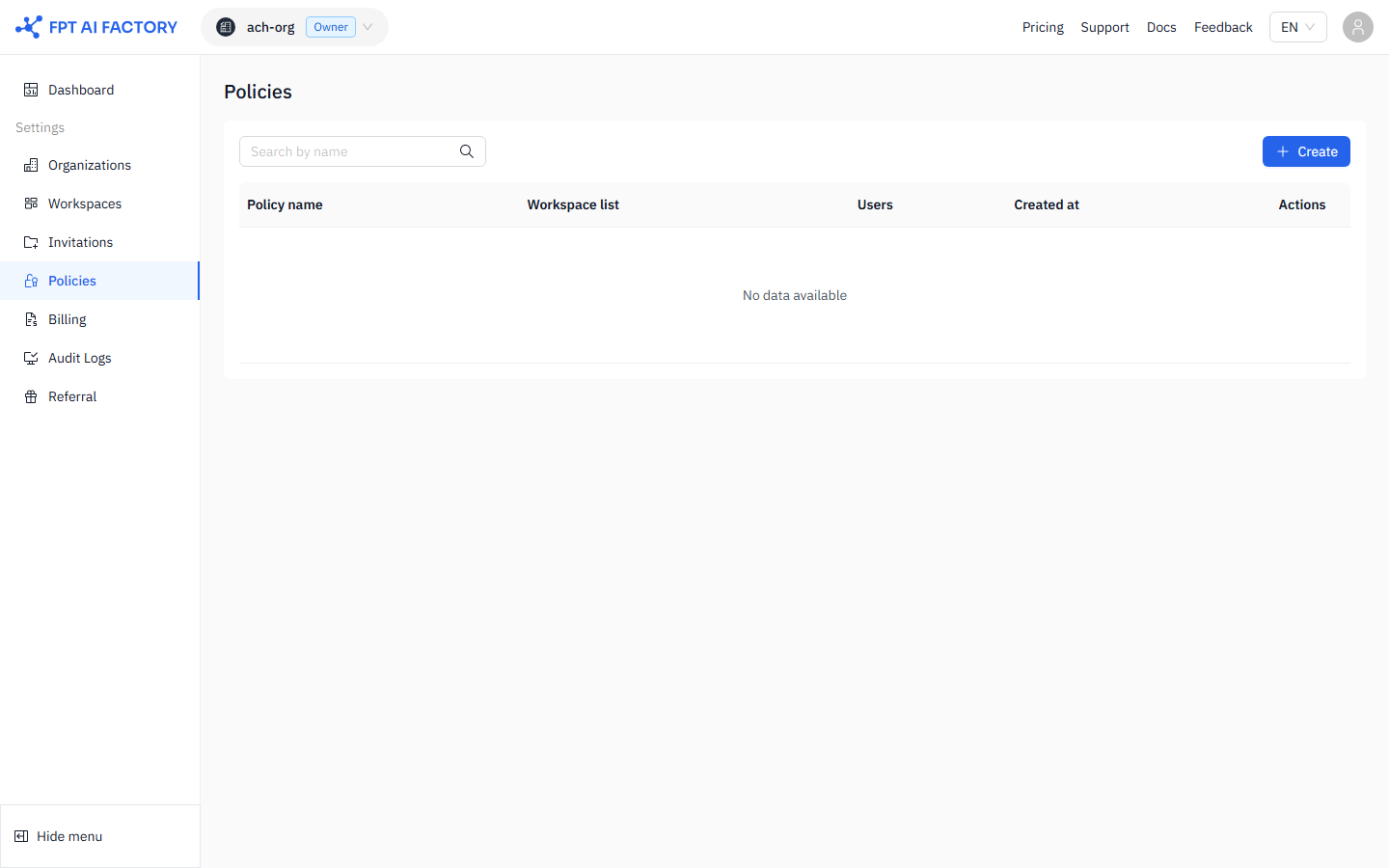 Policies list page showing existing policies