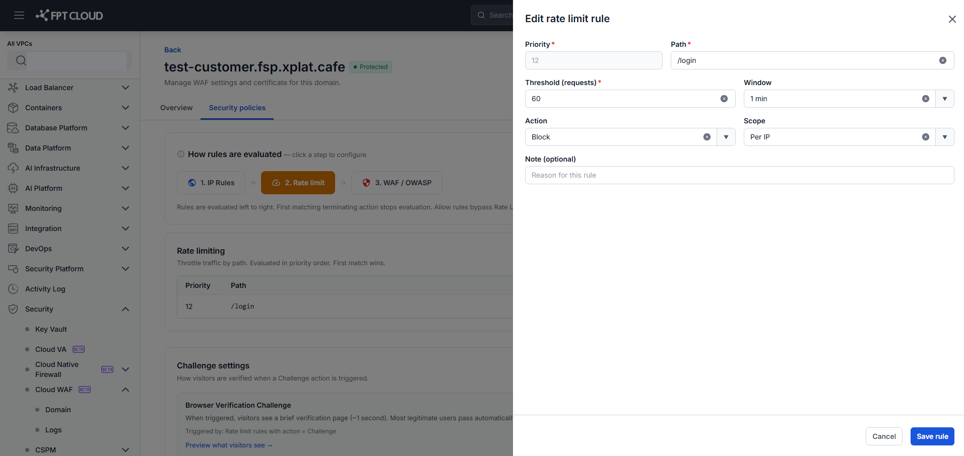 Edit Rate Limit Rule — dialog
