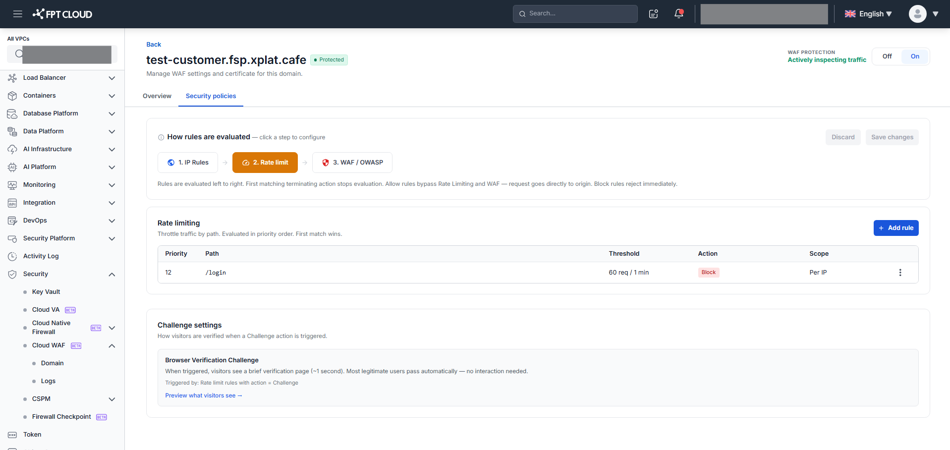 Security Policies — Rate Limit Rules table