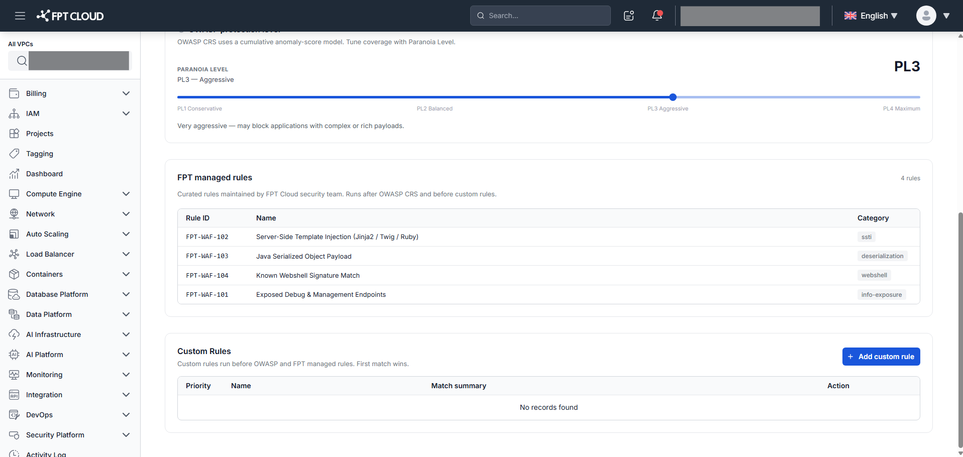 Security Policies — WAF Rules: FPT Managed Rules table