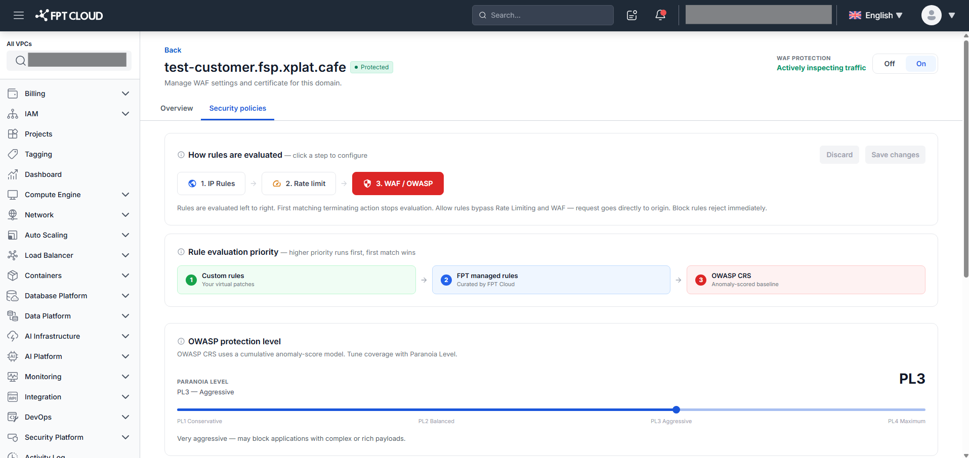 Security Policies — WAF Rules: Paranoia Level and FPT Managed Rules