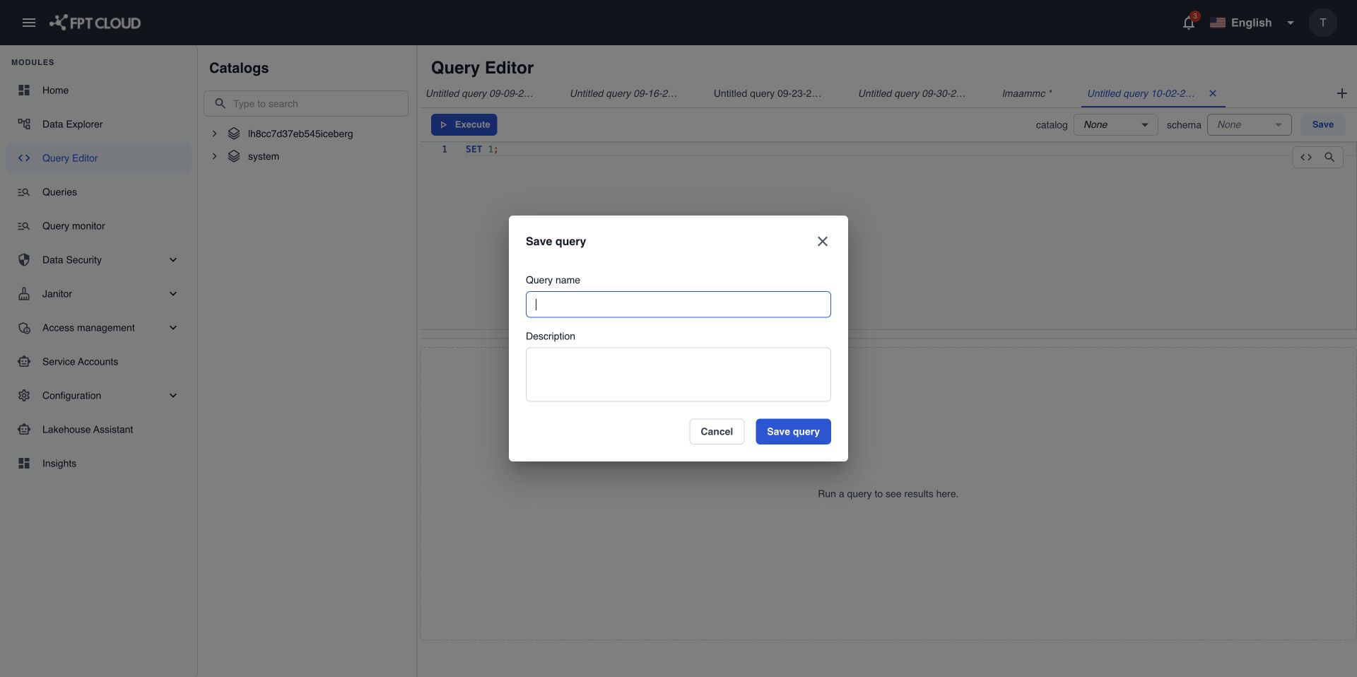 Save query dialog with the Query name and Description fields