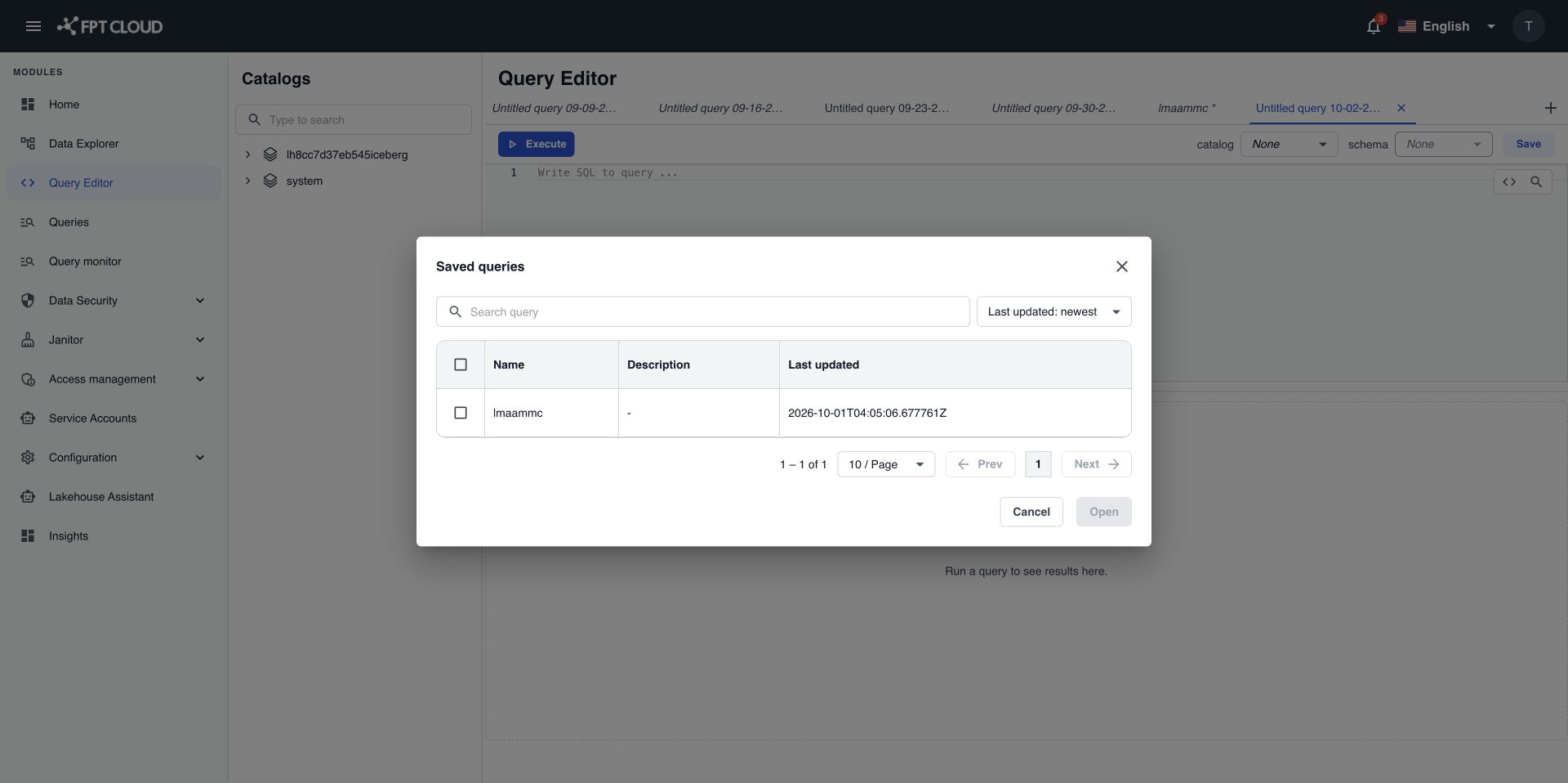 Saved queries dialog with the search box and the Open button
