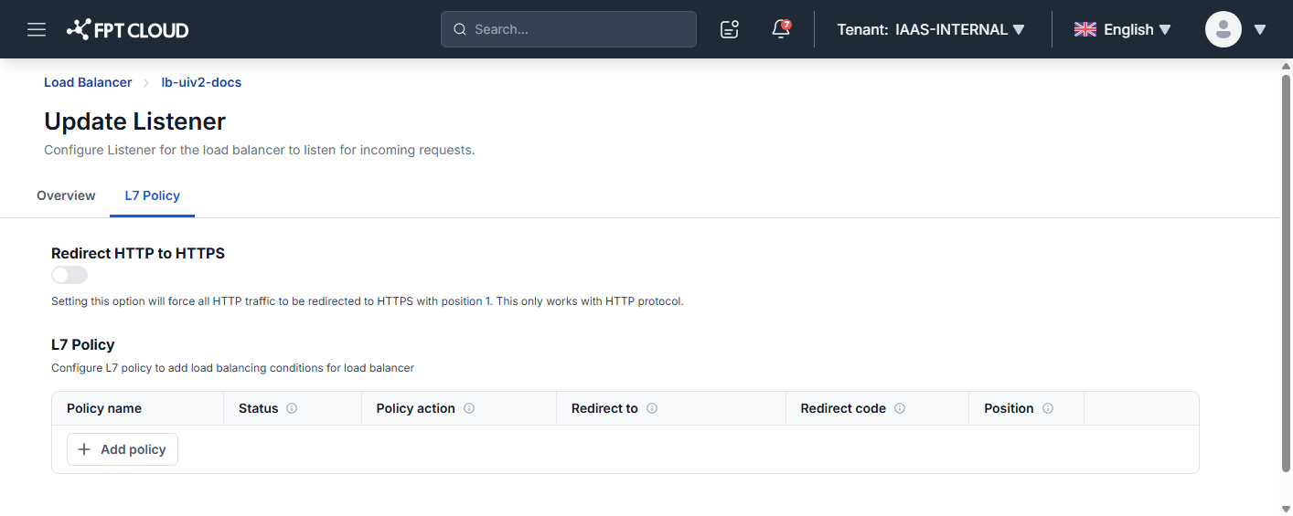 Enable Redirect HTTP to HTTPS in the L7 Policy tab