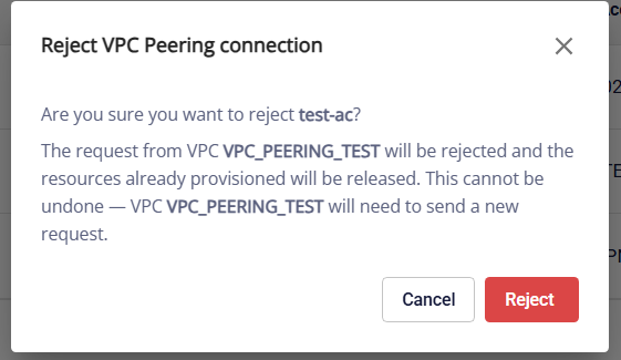 Reject VPC Peering connection dialog